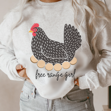 Load image into Gallery viewer, Free Range Girl Crewneck, Hen Unisex Heavy Blend™ Sweatshirt, Trendy Chicken or Hen Pullover in Ash, Sand or White Great for A Gift for Her