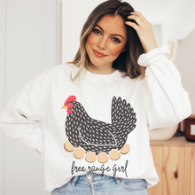 Load image into Gallery viewer, Free Range Girl Crewneck, Hen Unisex Heavy Blend™ Sweatshirt, Trendy Chicken or Hen Pullover in Ash, Sand or White Great for A Gift for Her
