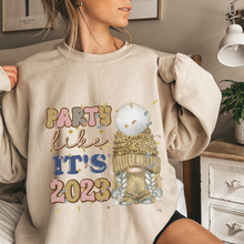 Load image into Gallery viewer, New Year's Party Like It's 2023 Women's Cute Gnome and Confetti Crewneck Sweatshirt in Ash, White or Sand Cozy New Year's Pullover