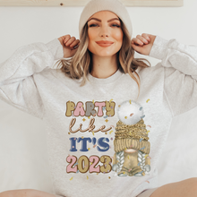 Load image into Gallery viewer, New Year's Party Like It's 2023 Women's Cute Gnome and Confetti Crewneck Sweatshirt in Ash, White or Sand Cozy New Year's Pullover