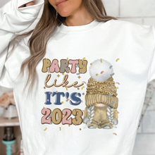 Load image into Gallery viewer, New Year's Party Like It's 2023 Women's Cute Gnome and Confetti Crewneck Sweatshirt in Ash, White or Sand Cozy New Year's Pullover