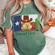 Load image into Gallery viewer, Adorable Texas and Tacos Unisex Comfort Colors® T-shirt Women's Mustard, Green, Melon or White Cute Western Cowboy Gnome with a Taco