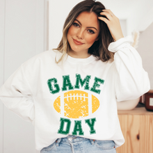 Load image into Gallery viewer, Game Day Unisex Women's or Men's White or Grey Hooded Distressed Green and Yellow Football Design Sweatshirt or Hoodie