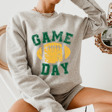 Load image into Gallery viewer, Game Day Unisex Women's or Men's White or Grey Hooded Distressed Green and Yellow Football Design Sweatshirt or Hoodie