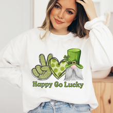 Load image into Gallery viewer, Happy Go Lucky Cute Gnome St. Patrick's Day Peace Love Women's Crewneck Sweatshirt or T-Shirt or Spring Pullover St. Patrick's Gift