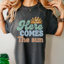 Load image into Gallery viewer, Here Comes the Sun Unisex Garment-Dyed T-shirt Comfort Colors® Tee Retro Sun Design Summer or Spring Pretty Colors T-Shirt