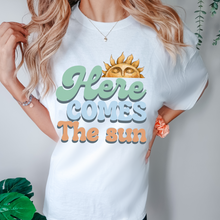 Load image into Gallery viewer, Here Comes the Sun Unisex Garment-Dyed T-shirt Comfort Colors® Tee Retro Sun Design Summer or Spring Pretty Colors T-Shirt