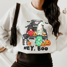 Load image into Gallery viewer, Halloween Gnomes Sweatshirt Fall Gnomes in Truck Crewneck Women's Pullover Gnomes in Costumes, White Grey or Ash Gildan Sweatshirt