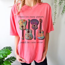 Load image into Gallery viewer, I have Too Many Guitars Comfort Colors® Unisex T-shirt, White, Violet, Terracotta or Melon with Bright Guitars Pretty Spring Colors T-Shirt