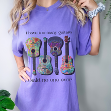 Load image into Gallery viewer, I have Too Many Guitars Comfort Colors® Unisex T-shirt, White, Violet, Terracotta or Melon with Bright Guitars Pretty Spring Colors T-Shirt