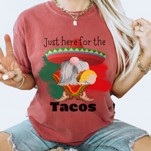 Load image into Gallery viewer, Just Here for the Tacos Cinco de Mayo Unisex Comfort Colors® T-shirt, Women's Cute Western Gnome with a Taco Tee in white, green or crimson