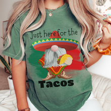 Load image into Gallery viewer, Just Here for the Tacos Cinco de Mayo Unisex Comfort Colors® T-shirt, Women's Cute Western Gnome with a Taco Tee in white, green or crimson
