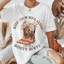 Load image into Gallery viewer, Keep Your Soul Clean and Your Boots Dirty Bella Canvas® Unisex Jersey Short Sleeve Tee in Natural or White Pretty Watercolor Flowers and Cowboy Boots