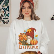 Load image into Gallery viewer, Leaf Peeper Gnome Crewneck Sweatshirt Fall Leaf Peeper Pullover Ash, Sand, or White Cozy Soft Gildan Sweatshirt Cute Gnome in Sweater Cap