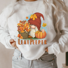 Load image into Gallery viewer, Leaf Peeper Gnome Crewneck Sweatshirt Fall Leaf Peeper Pullover Ash, Sand, or White Cozy Soft Gildan Sweatshirt Cute Gnome in Sweater Cap