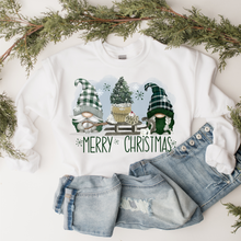Load image into Gallery viewer, Merry Christmas Gnomes Crewneck Sweatshirt Cute Warm and Cozy Gildan® Pullover Watercolor Gnomes and Sled