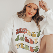 Load image into Gallery viewer, Holly Jolly Vibes Christmas Crewneck Sweatshirt Women's Retro Design White or Ash Christmas Pullover Warm Cozy Gildan Sweatshirt