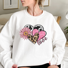 Load image into Gallery viewer, Women's Valentine's Day Unisex-Size Crewneck Pink or White Sweatshirt Spring Pullover Gift Cow Hide Hearts and Flowers