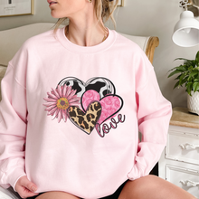 Load image into Gallery viewer, Women's Valentine's Day Unisex-Size Crewneck Pink or White Sweatshirt Spring Pullover Gift Cow Hide Hearts and Flowers