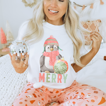 Load image into Gallery viewer, Women's Winter or Christmas Crewneck Sweatshirt Gift for Her Hand Drawn Penguin Merry Unisex Size Cozy Oversize Pullover or T-Shirt