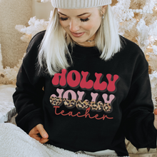 Load image into Gallery viewer, Holly Jolly Teacher Christmas Crewneck Sweatshirt Women's Unisex-Sized Retro Leopard Print Christmas Design Warm Cozy Gildan Pullover