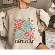 Load image into Gallery viewer, Christmas Crewneck Sweatshirt Ash, Sand, or White Women's Funny Festive AF Retro Christmas Ornaments Design Trendy Cozy Gildan® Pullover