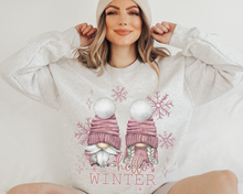 Load image into Gallery viewer, Hello Winter Gnomes Crewneck Sweatshirt Women's Unisex-Sized Christmas Pullover Watercolor Gnomes and Snowflakes Cozy Shirt