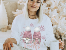 Load image into Gallery viewer, Hello Winter Gnomes Crewneck Sweatshirt Women's Unisex-Sized Christmas Pullover Watercolor Gnomes and Snowflakes Cozy Shirt