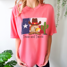 Load image into Gallery viewer, Adorable Texas and Tacos Unisex Comfort Colors® T-shirt Women's Mustard, Green, Melon or White Cute Western Cowboy Gnome with a Taco