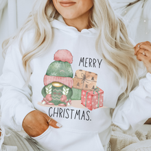 Load image into Gallery viewer, Merry Christmas Pastel Gnome Unisex Size Crewneck Sweatshirt, Hoodie or T-Shirt Hand Drawn Pink and Mint Pastel Gnome Christmas Design Gift