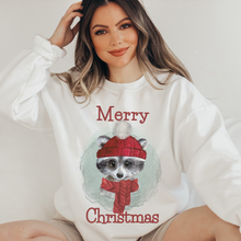 Load image into Gallery viewer, Christmas Watercolor Cute Christmas Raccoon Women's Soft, Cozy Crewneck Sweatshirt Winter Design in Ash or White Christmas Soft Pullover