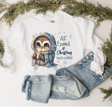 Load image into Gallery viewer, Christmas Watercolor Cute Christmas Owl Women's Soft, Cozy Crewneck Sweatshirt Winter Design All I Need Is Coffee and Christmas