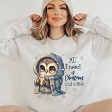 Load image into Gallery viewer, Christmas Watercolor Cute Christmas Owl Women's Soft, Cozy Crewneck Sweatshirt Winter Design All I Need Is Coffee and Christmas