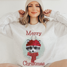 Load image into Gallery viewer, Christmas Watercolor Cute Christmas Raccoon Women's Soft, Cozy Crewneck Sweatshirt Winter Design in Ash or White Christmas Soft Pullover