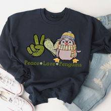 Load image into Gallery viewer, Peace Love Penguins Winter or Christmas Crewneck Sweatshirt Gift for Her Hand Drawn Penguin Unisex Size Cozy Oversize Pullover