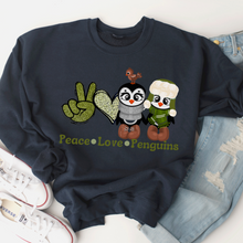 Load image into Gallery viewer, Peace Love Penguins Winter or Christmas Crewneck Sweatshirt Gift for Her Hand Drawn Penguin Unisex Size Cozy Oversize Pullover