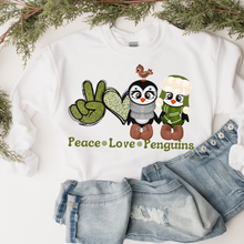 Load image into Gallery viewer, Peace Love Penguins Winter or Christmas Crewneck Sweatshirt Gift for Her Hand Drawn Penguin Unisex Size Cozy Oversize Pullover