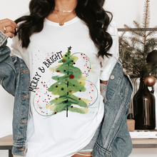 Load image into Gallery viewer, Comfort Colors® Christmas Merry and Bright T-shirt in Mustard, Crimson and White Christmas Watercolor Tree Soft Relaxed Fit Tee