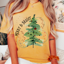 Load image into Gallery viewer, Comfort Colors® Christmas Merry and Bright T-shirt in Mustard, Crimson and White Christmas Watercolor Tree Soft Relaxed Fit Tee