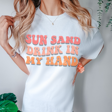 Load image into Gallery viewer, Summer Sun, Sand, Drink In My Hand Comfort Colors® Unisex Garment-Dyed T-shirt in Six Pretty Spring or Summer Colors Beach Trip T-Shirt