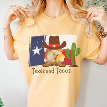 Load image into Gallery viewer, Adorable Texas and Tacos Unisex Comfort Colors® T-shirt Women's Mustard, Green, Melon or White Cute Western Cowboy Gnome with a Taco