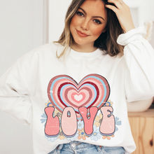 Load image into Gallery viewer, Women's Retro Valentine's Day Love Crewneck Sweatshirt in White, Pink or Ash Crewneck Unisex Valentine's Gift Cute Graphic Sweatshirt