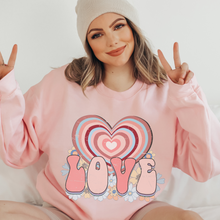 Load image into Gallery viewer, Women's Retro Valentine's Day Love Crewneck Sweatshirt in White, Pink or Ash Crewneck Unisex Valentine's Gift Cute Graphic Sweatshirt
