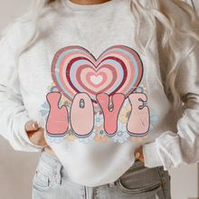 Load image into Gallery viewer, Women's Retro Valentine's Day Love Crewneck Sweatshirt in White, Pink or Ash Crewneck Unisex Valentine's Gift Cute Graphic Sweatshirt