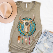 Load image into Gallery viewer, Trendy Desert Tank Summer Western Bull Skull and Dreamcatcher Tank Relaxed Bella Canvas Tank