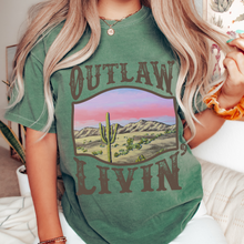 Load image into Gallery viewer, Outlaw Livin' Desert Design Comfort Colors® Unisex Jersey Short Sleeve Tee in White, Yam, Mustard or Green Distressed Desert Cactus Design