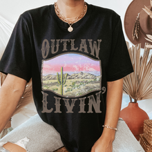 Load image into Gallery viewer, Outlaw Livin' Desert Design Bella Canvas® Unisex Jersey Short Sleeve Tee in Olive, Cream, Grey or Black Distressed Desert Cactus Design