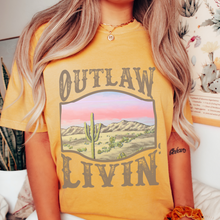 Load image into Gallery viewer, Outlaw Livin' Desert Design Comfort Colors® Unisex Jersey Short Sleeve Tee in White, Yam, Mustard or Green Distressed Desert Cactus Design