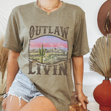 Load image into Gallery viewer, Outlaw Livin' Desert Design Bella Canvas® Unisex Jersey Short Sleeve Tee in Olive, Cream, Grey or Black Distressed Desert Cactus Design