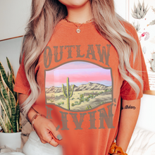 Load image into Gallery viewer, Outlaw Livin' Desert Design Comfort Colors® Unisex Jersey Short Sleeve Tee in White, Yam, Mustard or Green Distressed Desert Cactus Design